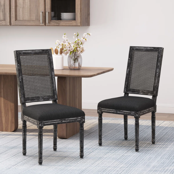 French Country Wood and Cane Upholstered Dining Chairs – Weathered Rubberwood Frame with Fluted Legs & Rectangular Cane Backrest