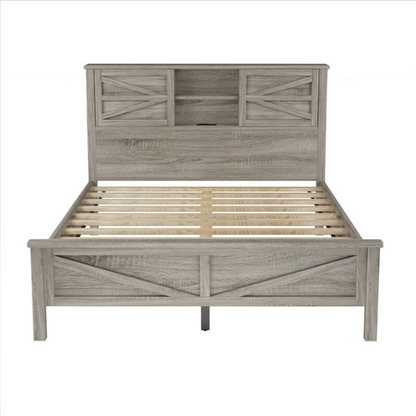 3-Piece Farmhouse Queen Bedroom Set – Platform Bed with Sliding Door Storage Headboard and Charging, Nightstand, and Dresser – Modern Design with Ample Storage