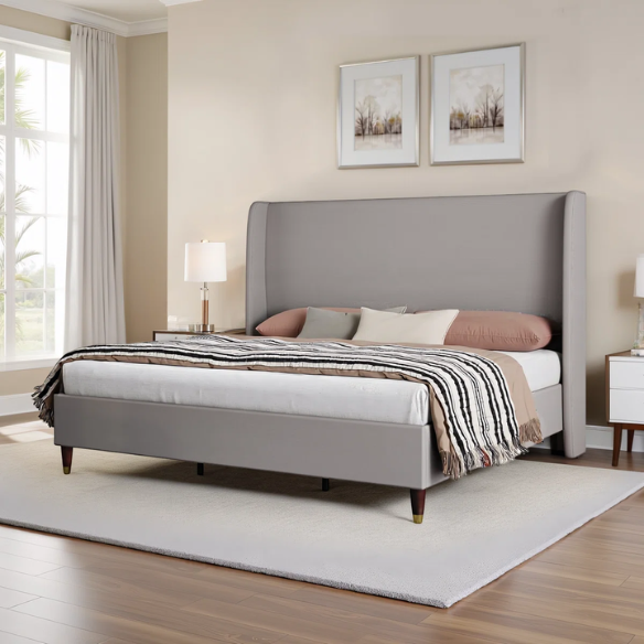 Queen Size Sleek and Minimalist Upholstered Platform Bed with Soft Linen Fabric – Elegant and Modern Design