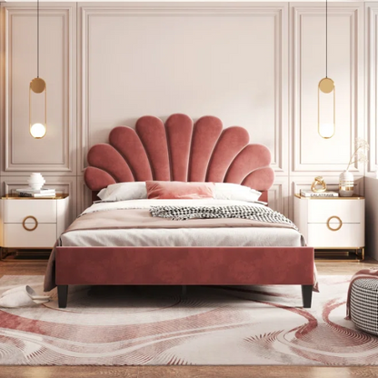 Upholstered Platform Bed with Flower Pattern Velvet Headboard – Full/Double Size, Elegant Design for Modern Bedrooms