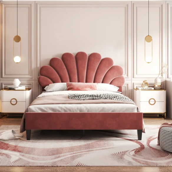 Upholstered Platform Bed with Flower Pattern Velvet Headboard – Full/Double Size, Elegant Design for Modern Bedrooms