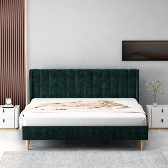 Luxury Corduroy Upholstered King Size Platform Bed Frame - Stylish Modern Wingback Design with Ultimate Comfort
