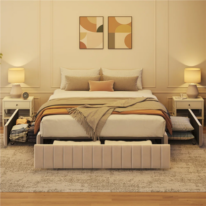 King Size Upholstered Platform Storage Bed with Velvet Fabric, Channel-Tufted Accents, and Built-In Drawers for Extra Storage
