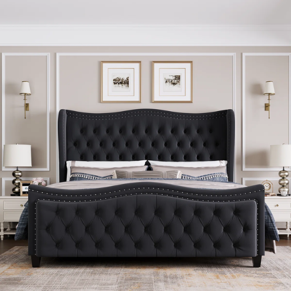 Gem-Tufted Queen Size Upholstered Wingback Bed with Curved Design