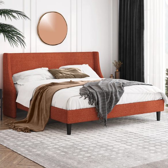 Luxurious King Size Upholstered Platform Bed with Deluxe Wingback Headboard – Soft Velvet and Linen Blend Upholstery, Sturdy Solid Wood Frame, and Modern Minimalist Design for Ultimate Comfort