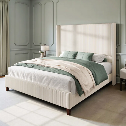 Queen Size Upholstered Wingback Platform Bed in Ribbed Corduroy Fabric