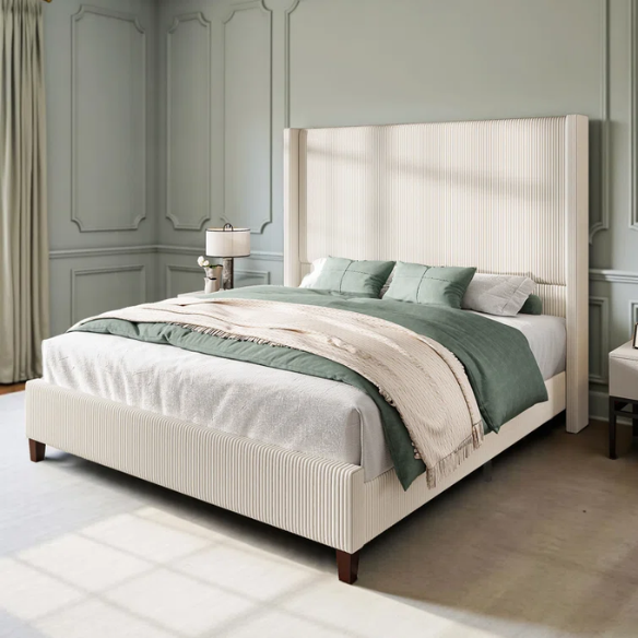 Queen Size Upholstered Wingback Platform Bed in Ribbed Corduroy Fabric