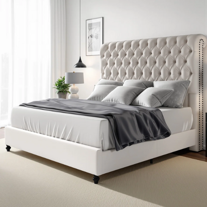 Luxurious Velvet Upholstered Sleigh Bed with Tufted Button and Gem-Accented Headboard