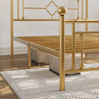 Elegant Metal Open-Frame Platform Bed with Quatrefoil Design and Classic Finial Posts – Timeless French Country Style with Under-Bed Storage