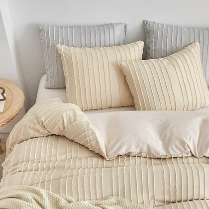 Luxurious Tufted Duvet Cover Set – Queen Size | Striped Textured Boho Bedding | Ultra-Soft Washed Microfiber | 3-Piece Set