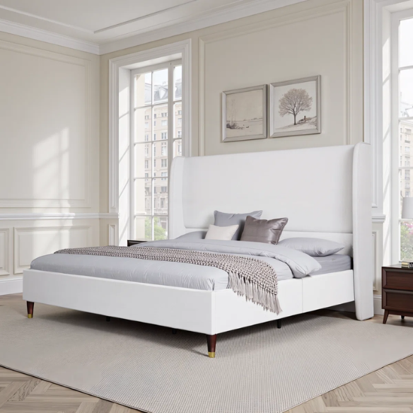 Queen Size Sleek and Minimalist Upholstered Platform Bed with Soft Linen Fabric – Elegant and Modern Design