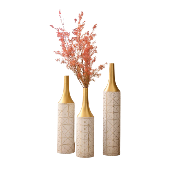 Elegant Ornate Metal Floor Vase Set (3-Piece) – Gilded Starry Grid Design, Tall Tulip-Shaped Vases with White and Gold Finish, Ideal for Dried Flowers or Stylish Décor
