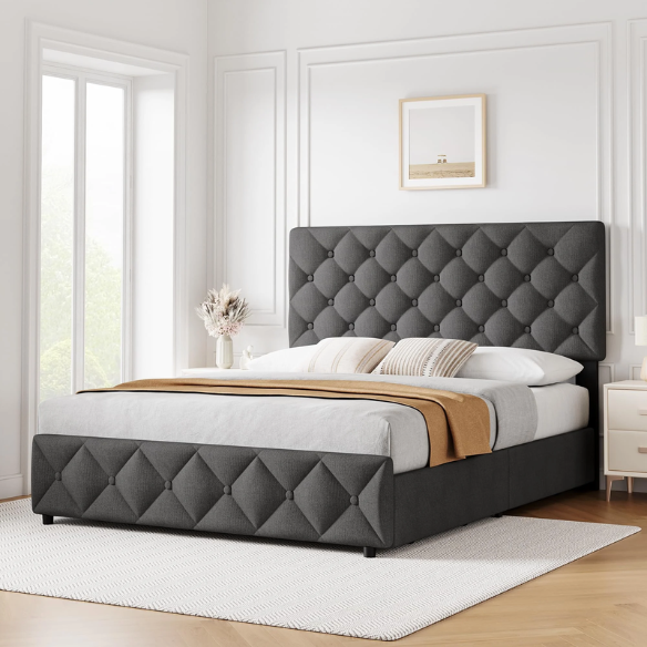 Soft Linen Fabric Upholstered Platform Bed – Double Size with Four Built-In Storage Drawers for Space-Saving & Style