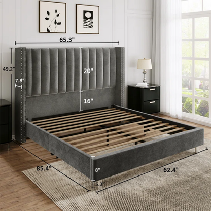 Velvet Upholstered Queen Size Platform Bed with Tufted Button Detail on Headboard