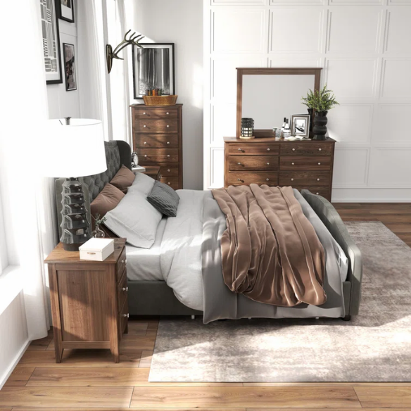 Luxurious King Size Velvet Upholstered Platform Bed with Tufted Camelback Headboard, Nailhead Trim, and 4 Built-In Storage Drawers – Stylish and Functional Bedroom Upgrade