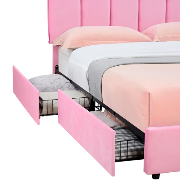 Velvet Upholstered Queen Size Platform Bed with Adjustable Headboard and 4 Storage Drawers