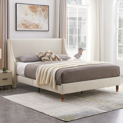 Elegant Linen Wingback Upholstered Platform Bed Frame – Luxurious Full Double Size Design with Gold Piping, Sturdy Support, and Effortless Assembly