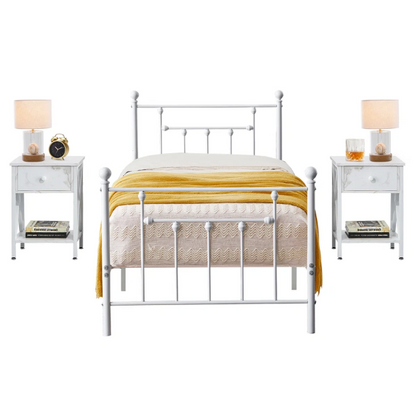 Charming White Metal Platform Victorian Twin Bedroom Set: 3-Piece Collection for Timeless Elegance
