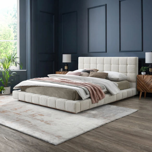 King Size Upholstered Platform Bed with Luxurious Tufted Bouclé Fabric – Modern Elegance, Timeless Sophistication, and Superior Craftsmanship for Your Bedroom Sanctuary