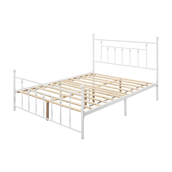 King Size Metal Open-Frame Platform Bed with Spindle Accents, Storage Footboard, and Slat Kit – No Box Spring Needed, Ideal for Farmhouse to French Country Styles