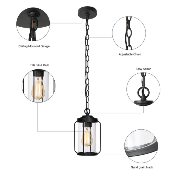 Black Outdoor Hanging Lantern Pendant Light – Weather-Resistant, Adjustable Height Pendant for Porch, Hallway, Front Door, and Entryway (D6" x H70")