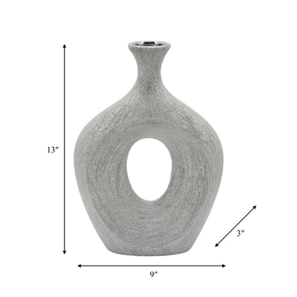 Abstract Sculptural Ceramic Vase with Unique Oval Cut-Out Design – 13" Modern Beaded Accent Vase for Tabletop or Shelf Décor, Ideal for Faux Florals and Statement Styling