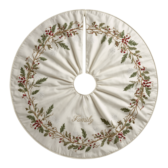 Off-White Christmas Tree Skirt Featuring an Embroidered Holly & Berry Wreath