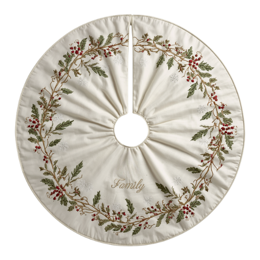 Off-White Christmas Tree Skirt Featuring an Embroidered Holly & Berry Wreath