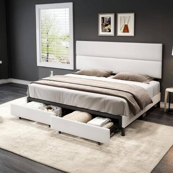 Linen Upholstered Bed Frame – Full/Double Size with Height Adjustable Headboard & 2 Built-In Storage Drawers