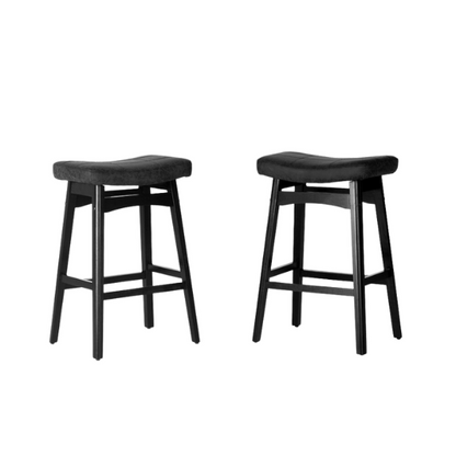 24-Inch Solid Wood Barstools with Linen/PU Leather Fabric Cushion – Set of 2 Backless Saddle Seat Counter Stools for Modern Living