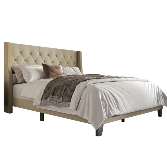 Elegant King Size Upholstered Wingback Bed with Button-Tufted Headboard – Foam-Padded for Ultimate Comfort and Support