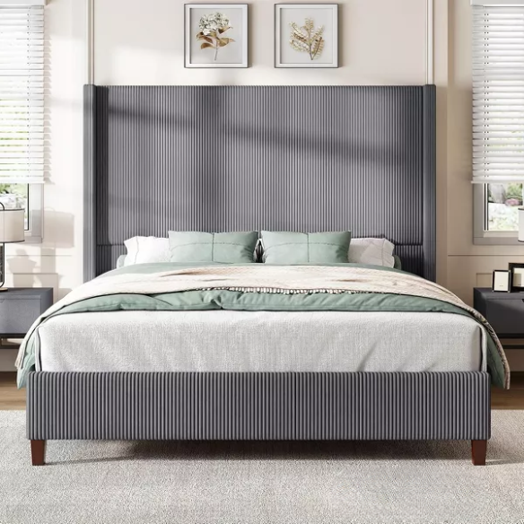 Queen Size Upholstered Wingback Platform Bed in Ribbed Corduroy Fabric
