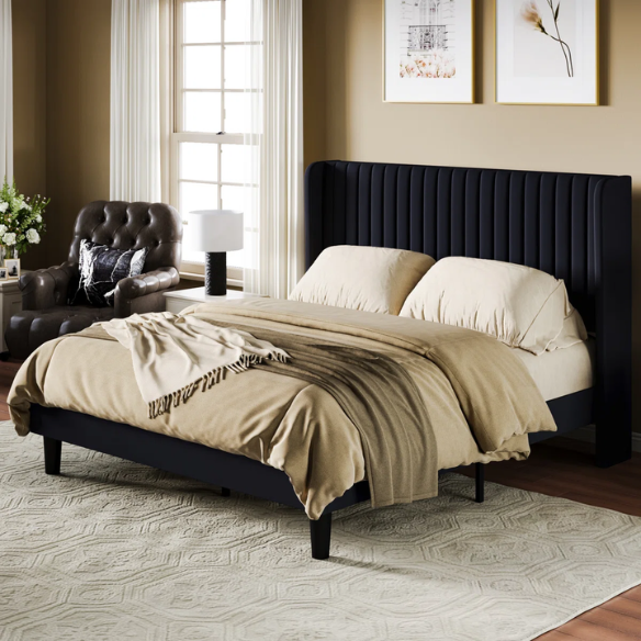 Luxurious King Size Upholstered Velvet Platform Bed with Modern Wingback Headboard – Heavy-Duty Steel Frame, No Box Spring Needed, and Ample Under-Bed Storage