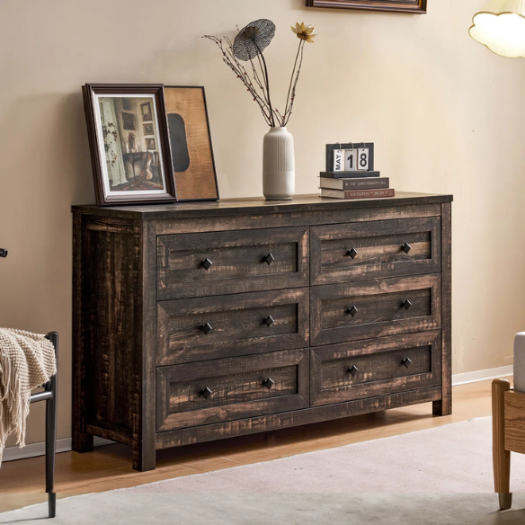 6-Drawer Dresser – A Perfect Blend of Rustic Charm and Industrial Elegance, Featuring a Clean-Lined Silhouette and Weathered Finish. Crafted from Solid and Engineered Wood