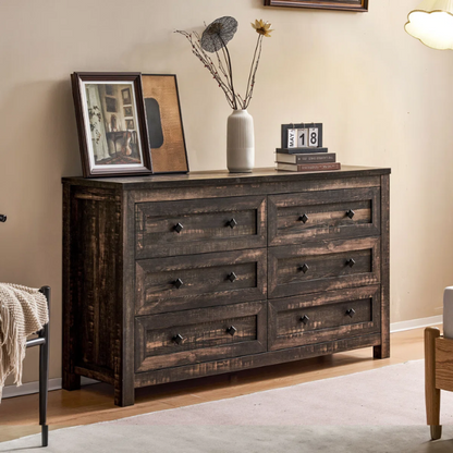 6-Drawer Dresser – A Perfect Blend of Rustic Charm and Industrial Elegance, Featuring a Clean-Lined Silhouette and Weathered Finish. Crafted from Solid and Engineered Wood