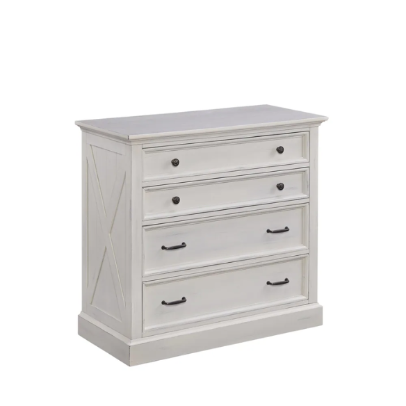 Farmhouse-Style 3-Piece X-Detail King Bed, Nightstand, and Chest Set with Weathered White Coating