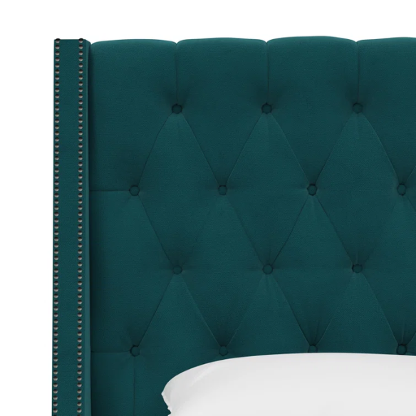 Chic Upholstered Wingback King Size Bed with Button Tufting and Nailhead Trim
