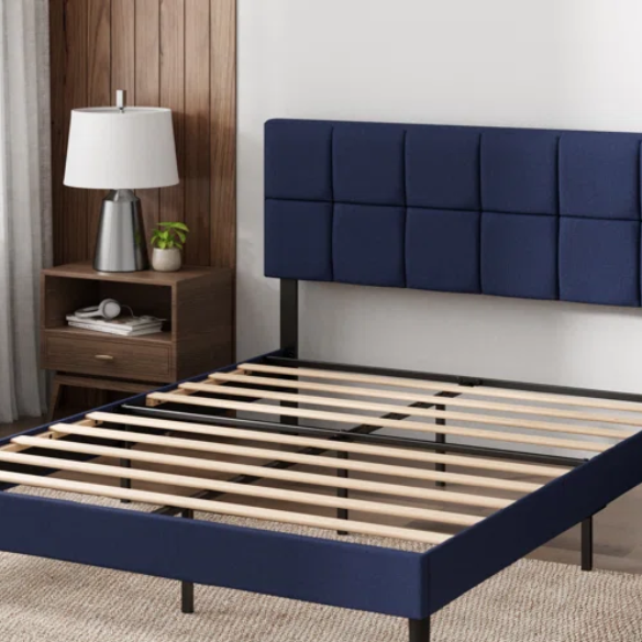 Modern King Size Upholstered Low Profile Platform Bed – Square-Tufted Headboard, Durable Steel Frame