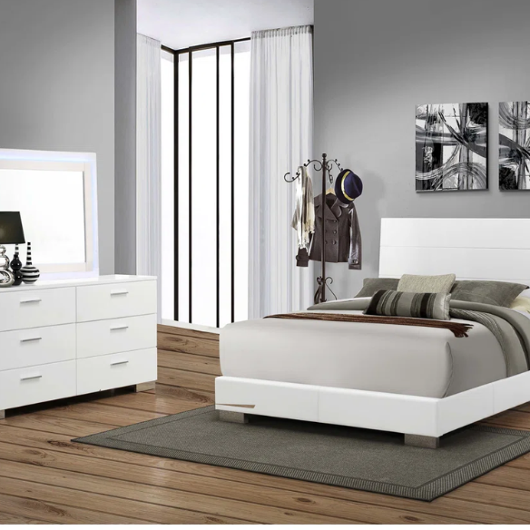 Modern 4-Piece Queen Bedroom Set in White High Gloss with LED Lighting, Touch-Activated Headboard, and Sleek Chrome Accents