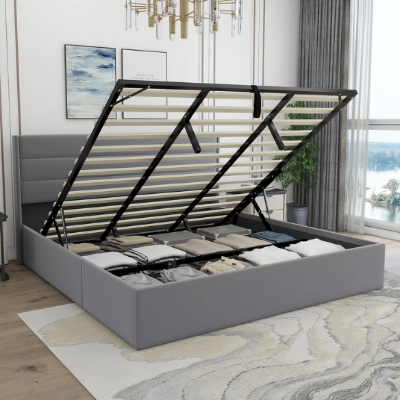 Elegant Hydraulic Lift Upholstered Storage Bed with Wingback Headboard, Velvet Fabric, Button-Tufted Detailing, and Ample Under-Bed Storage for Bedding and Seasonal Items
