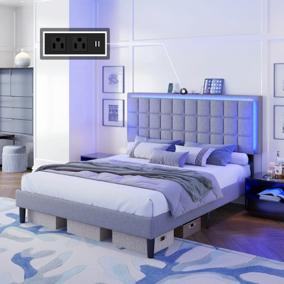 King Size Button-Tufted Platform Bed with LED Headboard, Built-in Charging Station, and Under-Bed Storage – Modern Convenience Meets Stylish Design