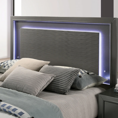 Contemporary 6-Piece Queen Bedroom Set in Solid Grey with LED-Illuminated Headboard, Textured Panels, and Eco-Friendly Rubberwood Construction