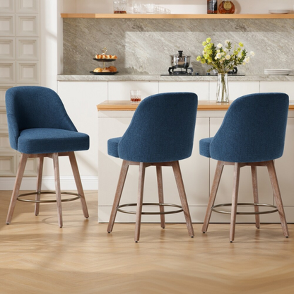 Modern Counter Height Swivel Bar Stool – Upholstered Faux Leather/Polyester Blend Seat, Solid Beech Wood Frame, Ergonomic High Back, Bronze Metal Footrest, 300lb Capacity for Kitchen, Bar, or Pub