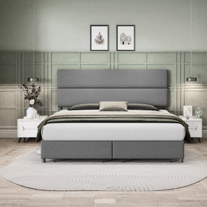 Linen Upholstered Bed Frame – Full/Double Size with Height Adjustable Headboard & 2 Built-In Storage Drawers