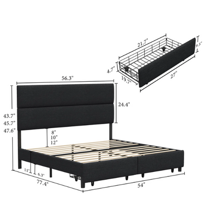 Linen Upholstered Bed Frame – Full/Double Size with Height Adjustable Headboard & 2 Built-In Storage Drawers
