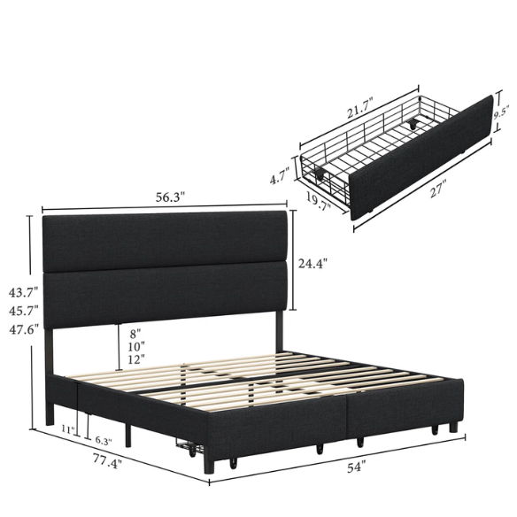 Linen Upholstered Bed Frame – Full/Double Size with Height Adjustable Headboard & 2 Built-In Storage Drawers