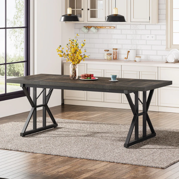 Farmhouse Dining Table for 6-8 People – Rectangular Wood Kitchen Table with X-Shaped Accents, Spacious & Multifunctional for Dining, Office, or Gathering