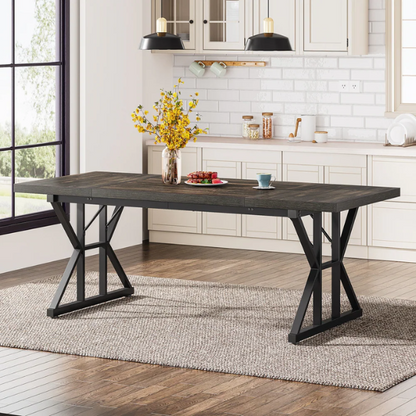 Farmhouse Dining Table for 6-8 People – Rectangular Wood Kitchen Table with X-Shaped Accents, Spacious & Multifunctional for Dining, Office, or Gathering