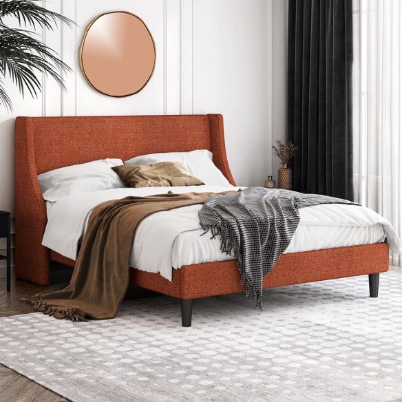 Modern Queen Size Upholstered Platform Bed with Deluxe Wingback and Linen Blend Fabric