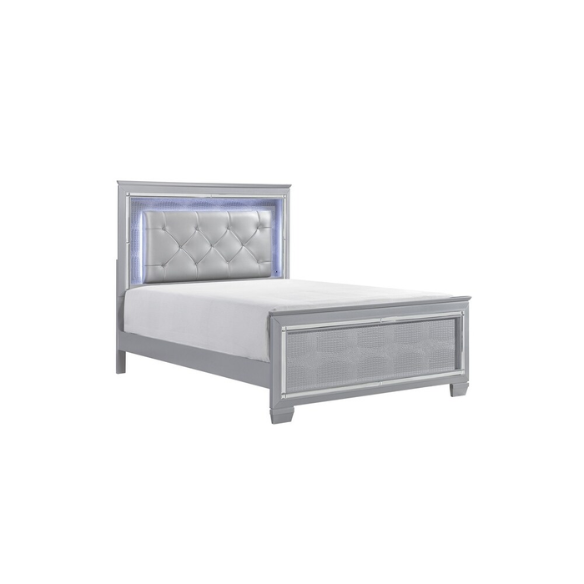 Modern Glam Queen Bedroom Set in Silver with LED Lighting & Crystal Tufted Headboard